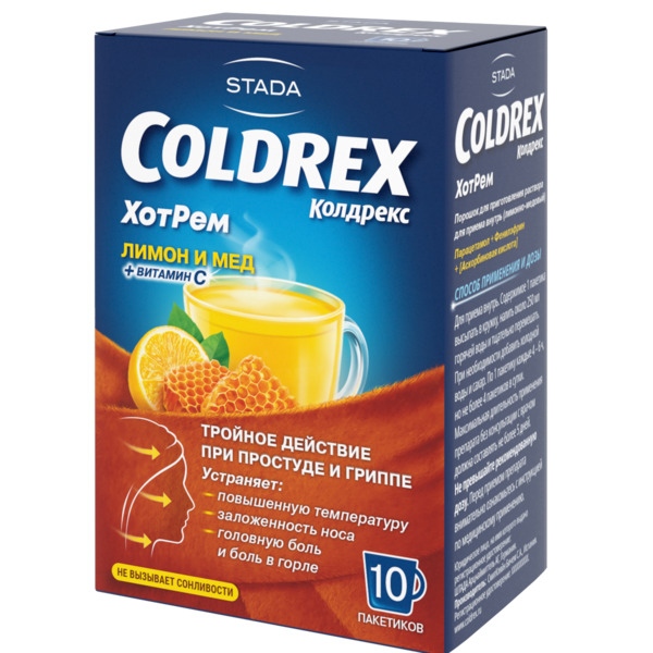 Колдрекс ХотРем при простуде и гриппе со вкусом лимона и мёда, порошок, 10 пакетиков