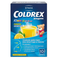 Колдрекс Юниор при простуде и гриппе со вкусом лимона для детей, порошок, 10 пакетиков