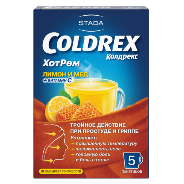 Колдрекс ХотРем при простуде и гриппе со вкусом лимона и мёда, порошок, 5 пакетиков