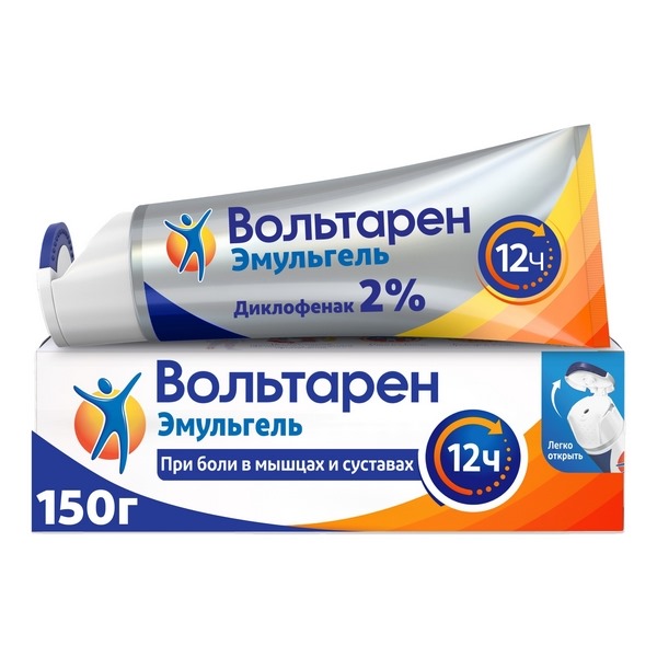 Вольтарен Эмульгель 2%, 12 часов при боли в спине, мышцах и суставах, диклофенак 2% 150г